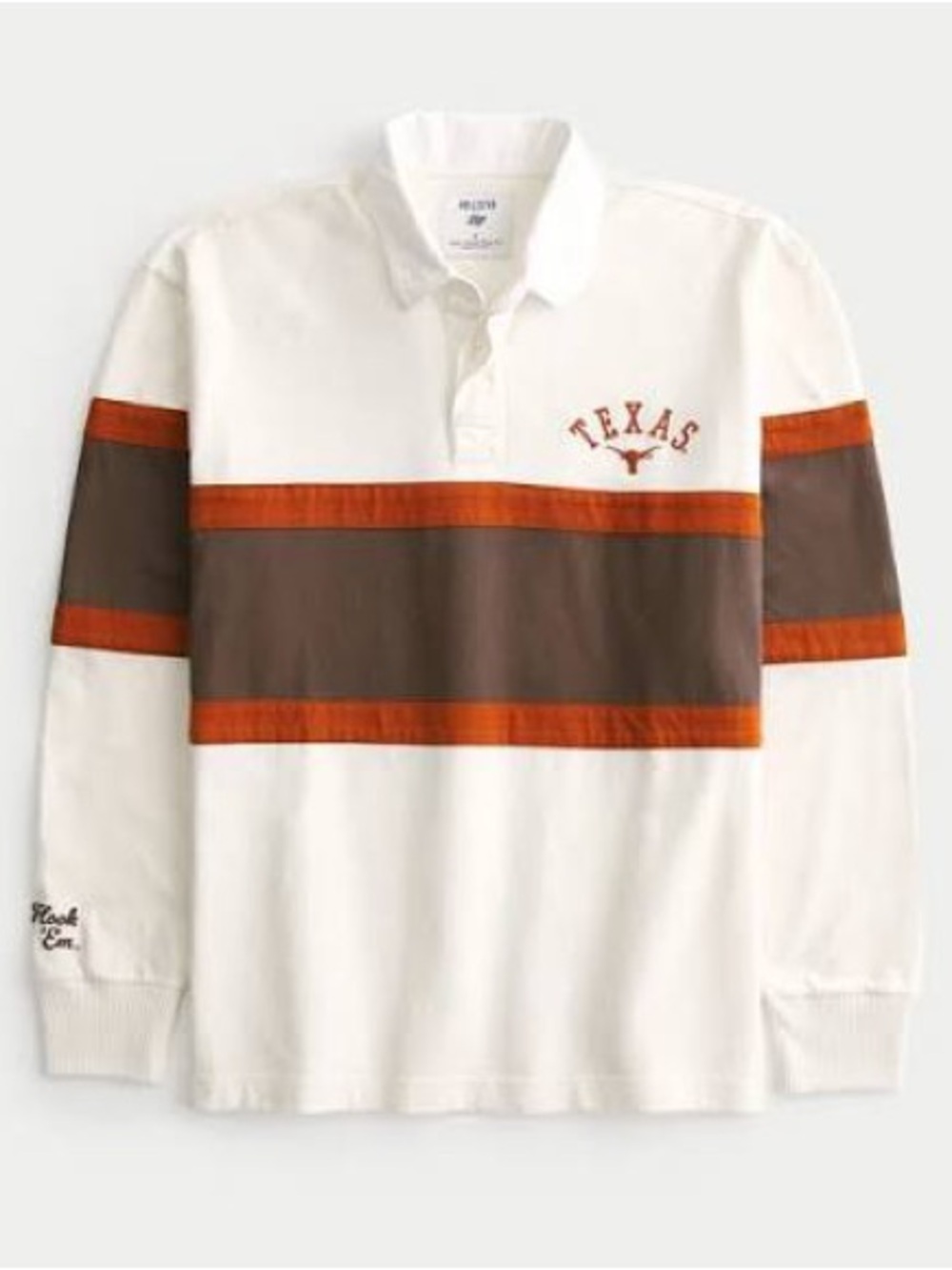 Hollister White Rugby Shirt with Burnt Orange & Brown Stripes